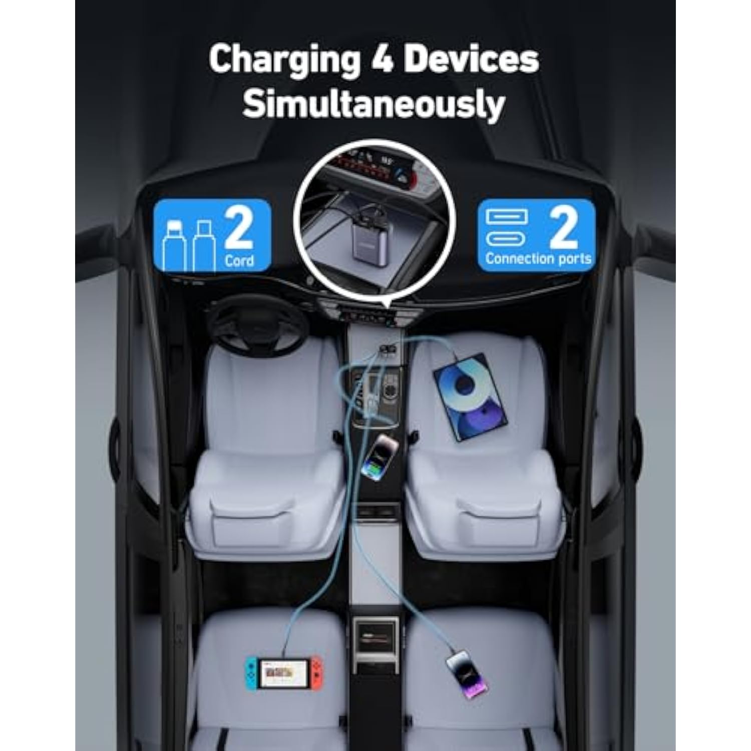 Car Phone Charger Adapter 2Pack Retractable Car Charger 4In1 Fast Charging Dual Retractable Cables 31.5 Inch Multiple Ports Charging Station Compatible With Iphone 15/14/13/12/11 Pro Max/Plus,Samsung