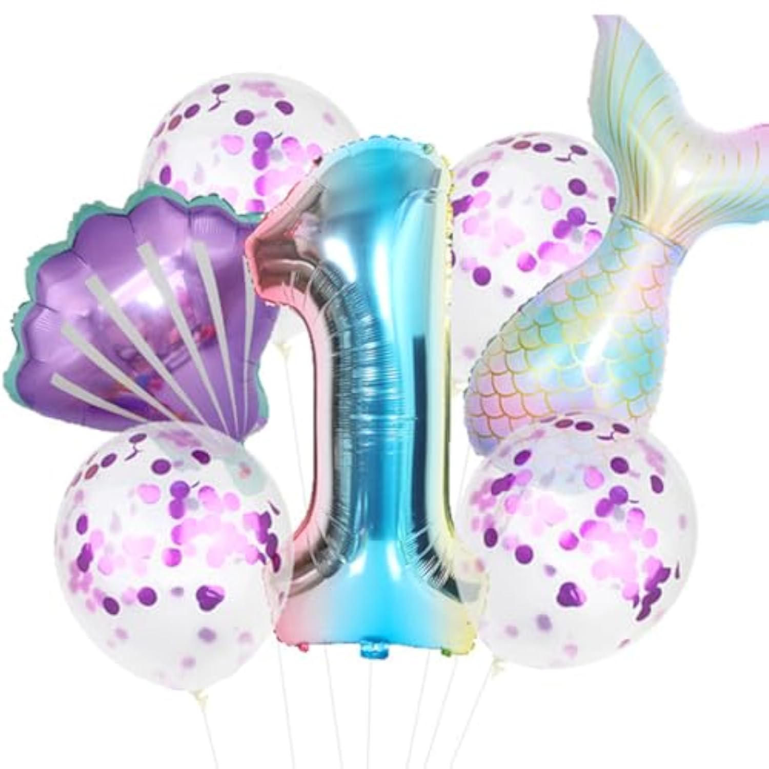 7pcs Mermaid Birthday Balloon Set – Number & Tail Balloons for Girls' 1st, 2nd, 3rd Party