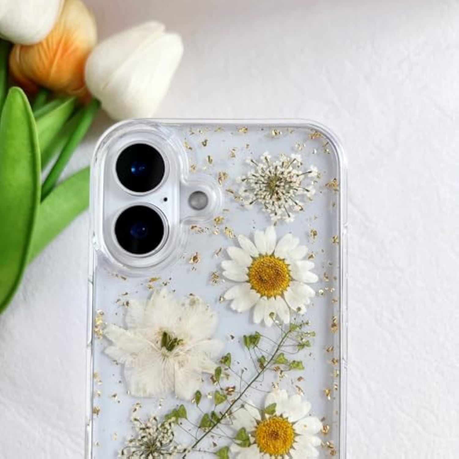 iPhone 16 Clear Case with Pressed Real Flowers, Glitter White Floral TPU Cover