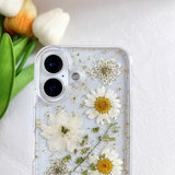 iPhone 16 Clear Case with Pressed Real Flowers, Glitter White Floral TPU Cover