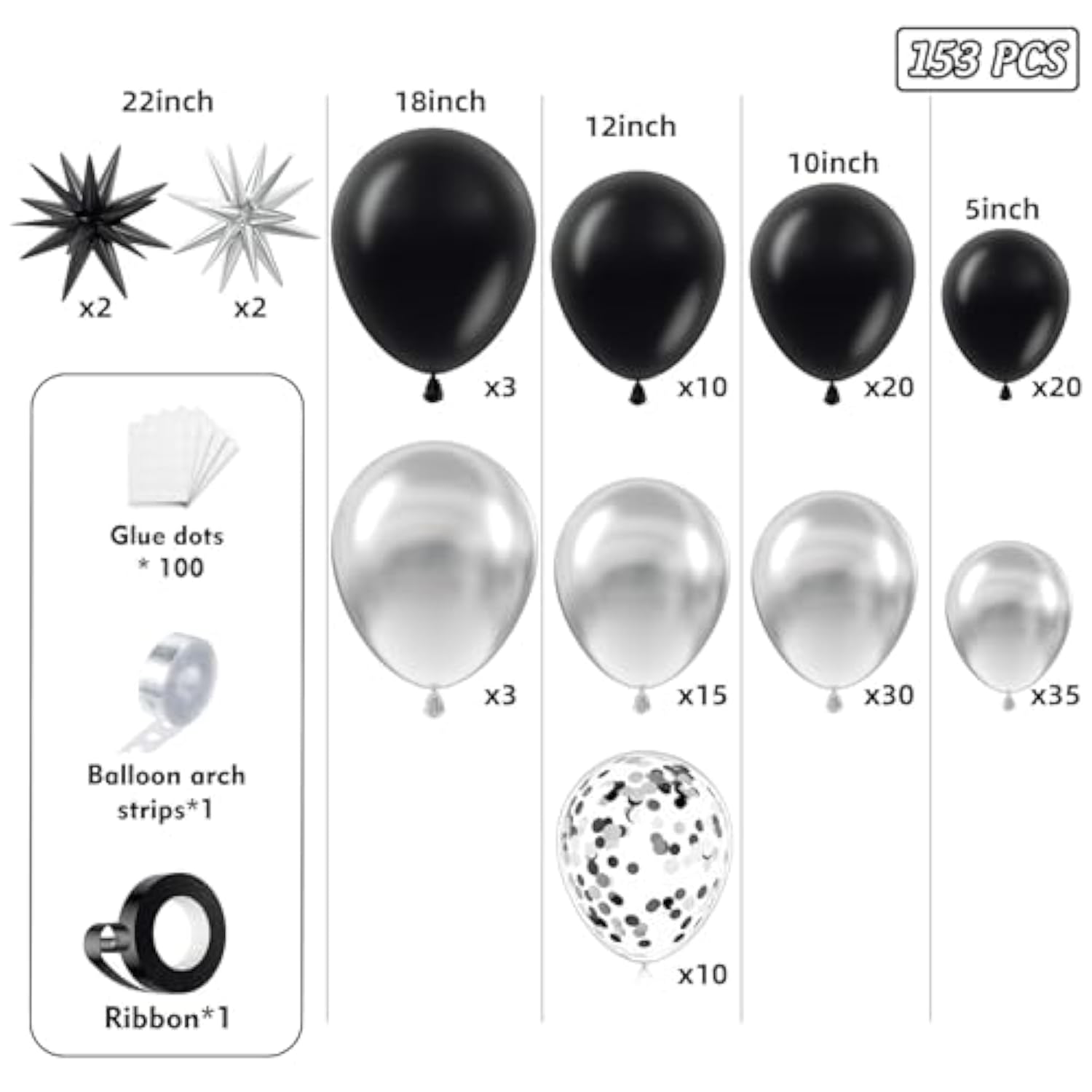 153-Piece Black & Silver Balloon Garland Kit with Stars – Multi-Size Metallic Black, Silver and Confetti Balloons for Parties