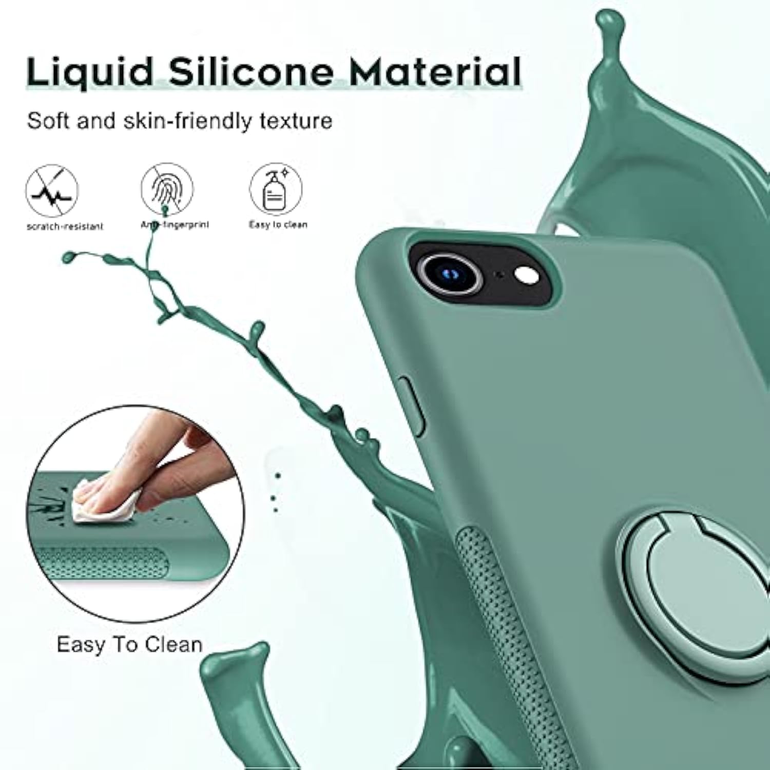 For Iphone 8/7/6S/6 Case With Stand & 2 Glass Screen Protectors - Green Liquid Silicone Shockproof Cover For Women, Girls, Boys