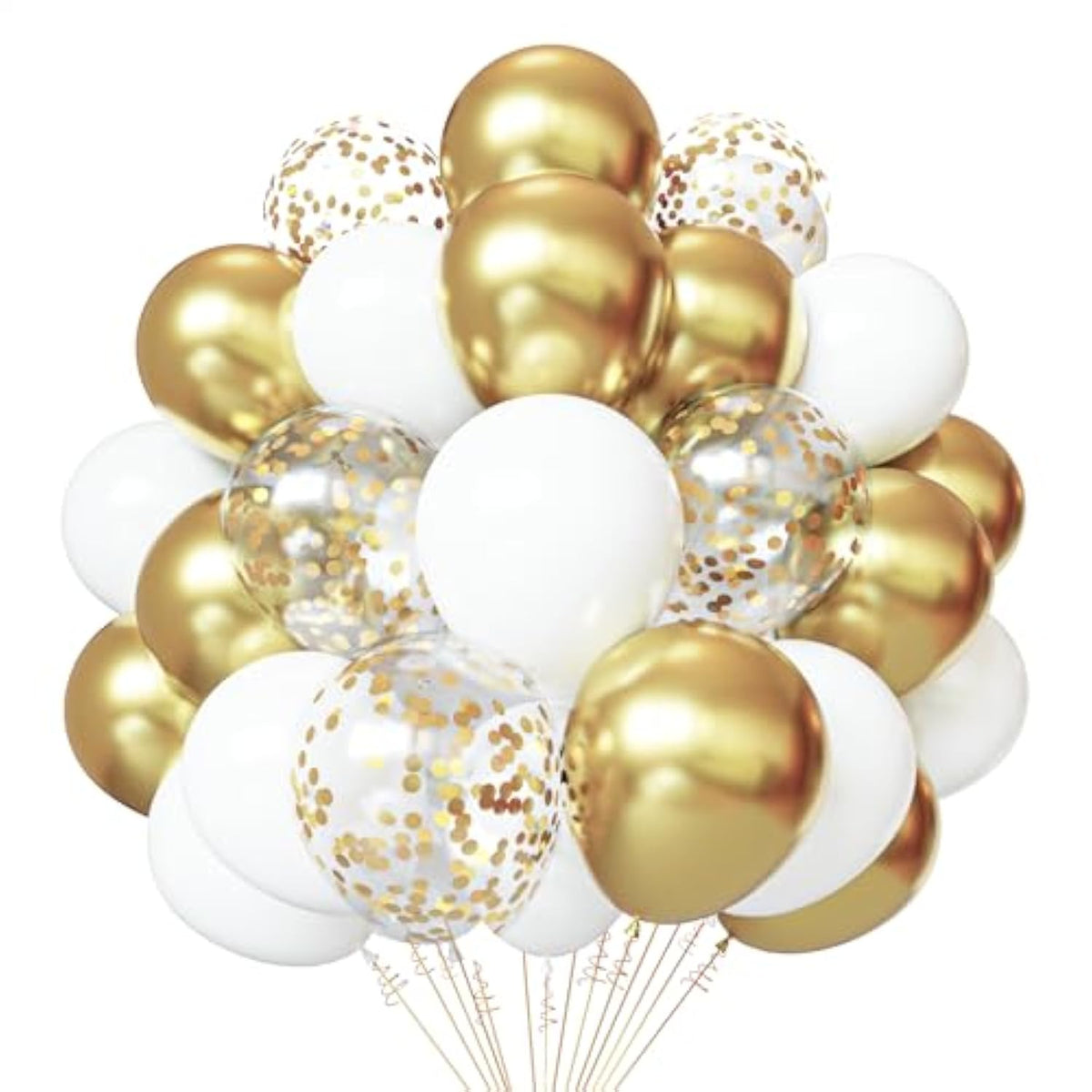 50PCS White & Gold Confetti Balloons – 12" Latex Balloons with Ribbons for Party Decorations