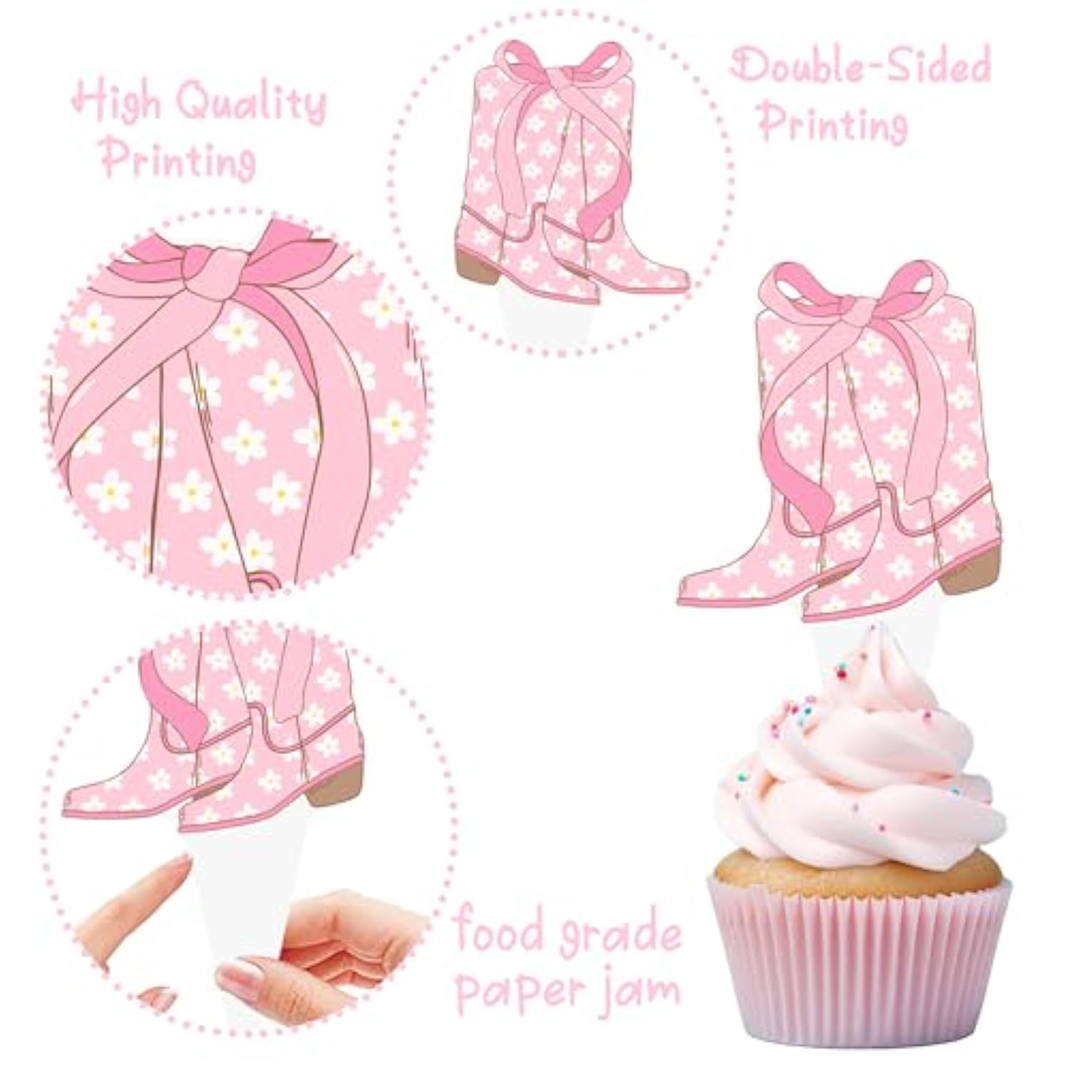 48 Pcs Pink Cowgirl Boots Bows Cupcake Toppers Western Party Decor