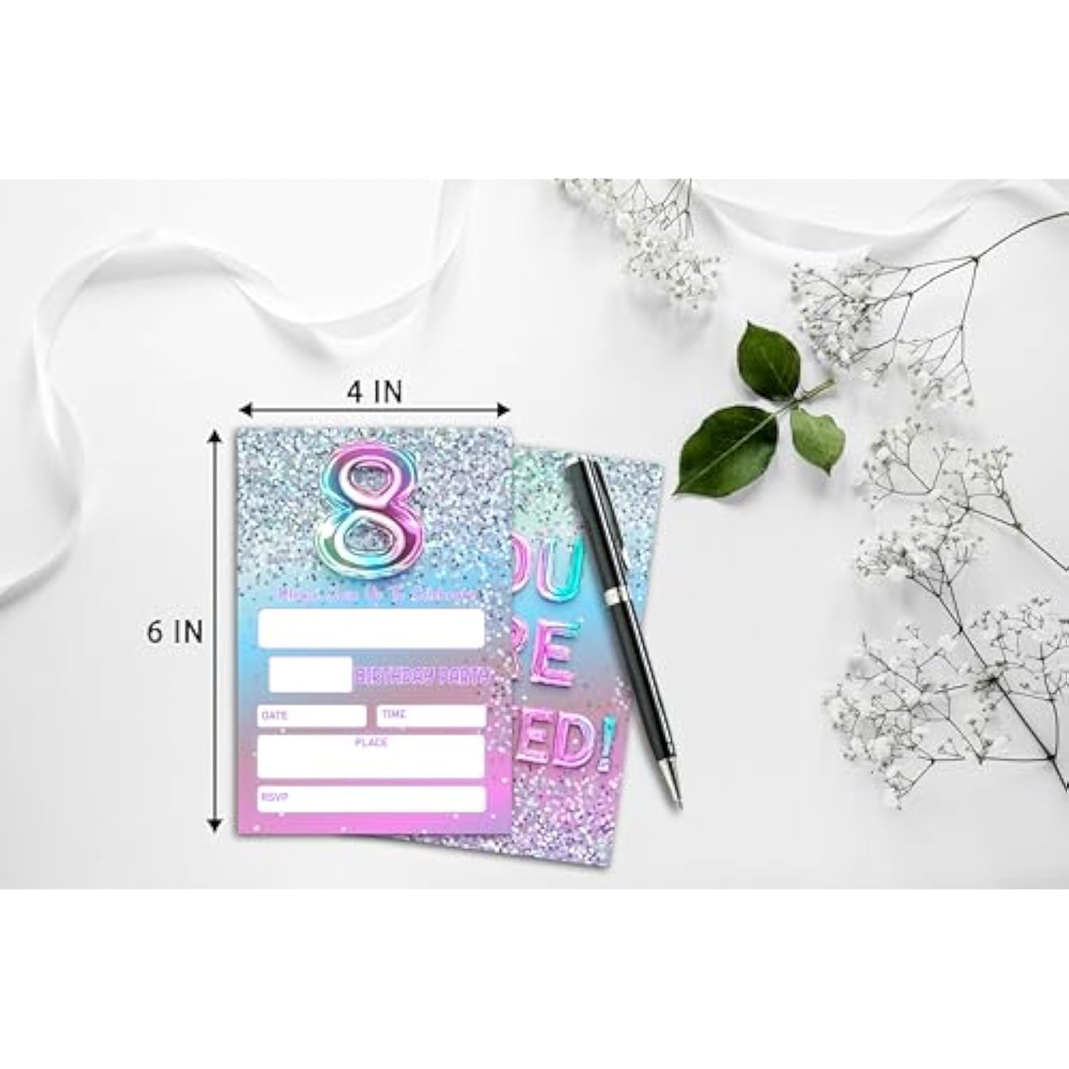 8Th Birthday Party Invitations For Girls Or Boys, Silver Glitter Theme Birthday Parties Supplies Decorations, Rainbow Balloons Fill-In Invites(20 Invitations And Envelopes)-D04