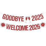 Goodbye 2025 Welcome 2026 Banner Red Glitter New Year Party Decorations