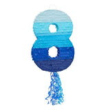 Ombre Blue Number 8 Pull String Pinata, Party Game For Kids, 16.5 X 11 X 3 In Fillable Hanging Decoration For 8Th Birthday Decorations For Boys Girls, Holds Candy, Toys, Confetti