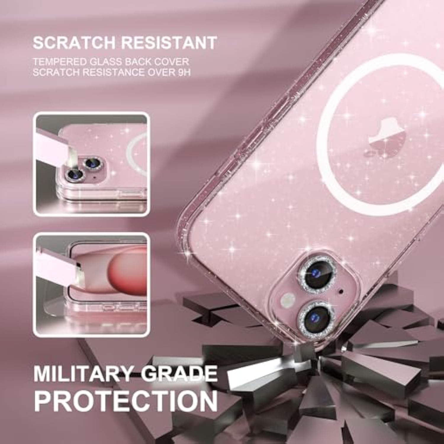 Iphone 15 Plus Clear Glitter Case With Magnetic Magsafe & Screen Protectors