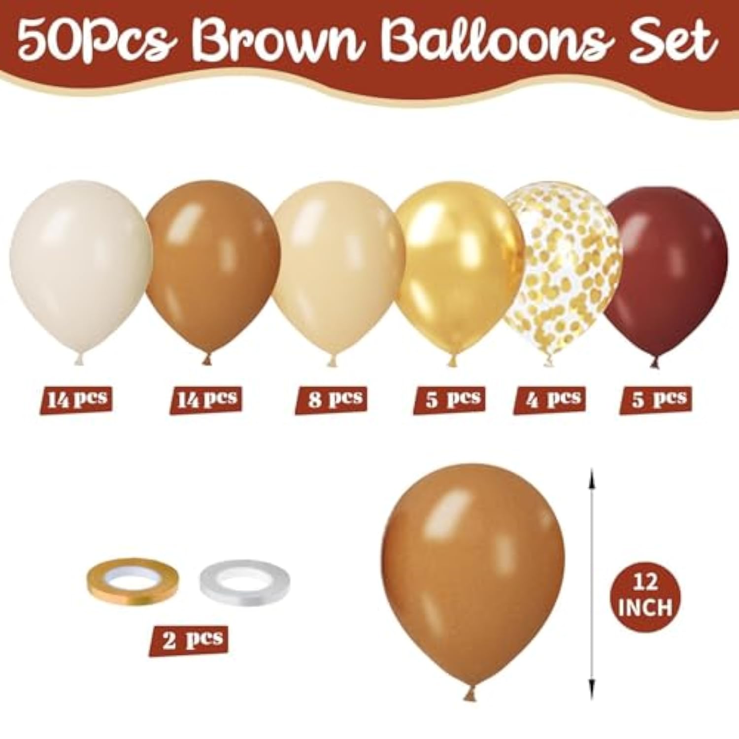 Brown Gold Balloon Set 50Pcs 12 Inch Tan White Metallic Confetti Fall Party Decor