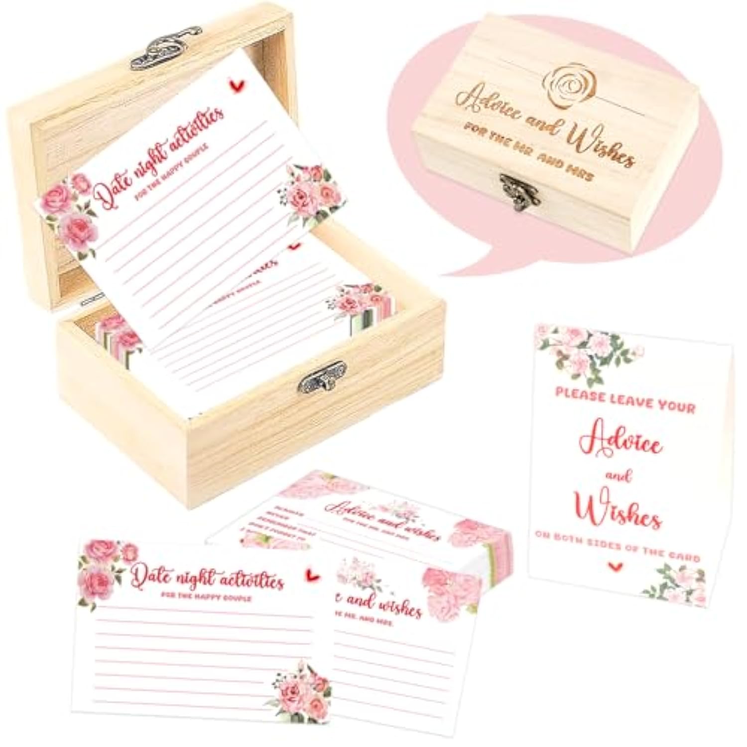 Advice And Wishes Cards Box - 50 Pcs Double Sided Floral Wedding & Baby Shower Advice Cards, Bridal Shower Decorations, Funny Advice For Bride & Groom, Well Wishes Box For Graduation, Christmas, Birthday Party