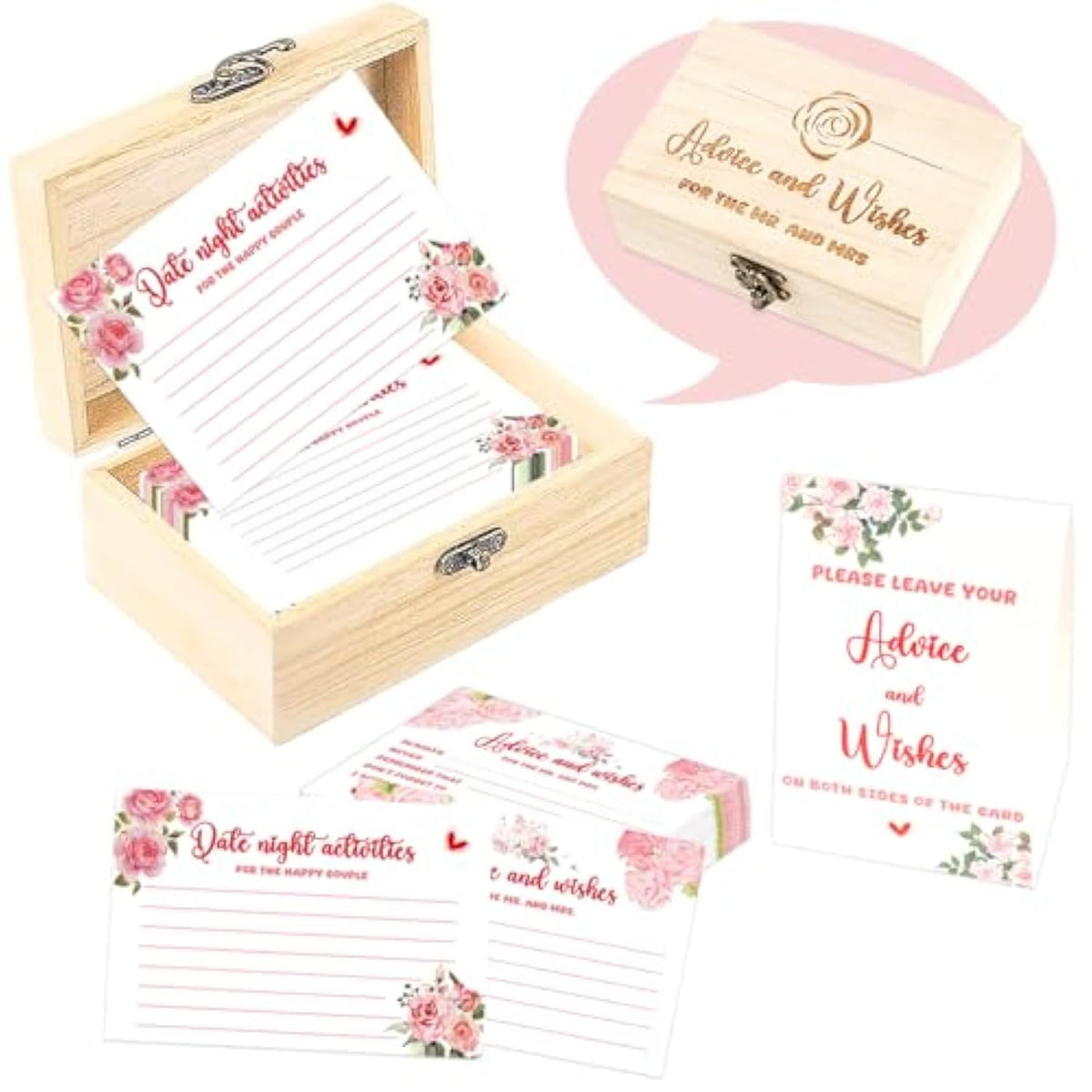 Advice And Wishes Cards Box - 50 Pcs Double Sided Floral Wedding & Baby Shower Advice Cards, Bridal Shower Decorations, Funny Advice For Bride & Groom, Well Wishes Box For Graduation, Christmas, Birthday Party