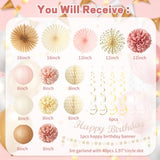 Champagne-Gold Beige Birthday Decorations for Women Girls, Boho Peach Paper Lanterns Tissue Pom Poms Fan Tassels Graland Anniversary Princess Backdrop Party Supplies