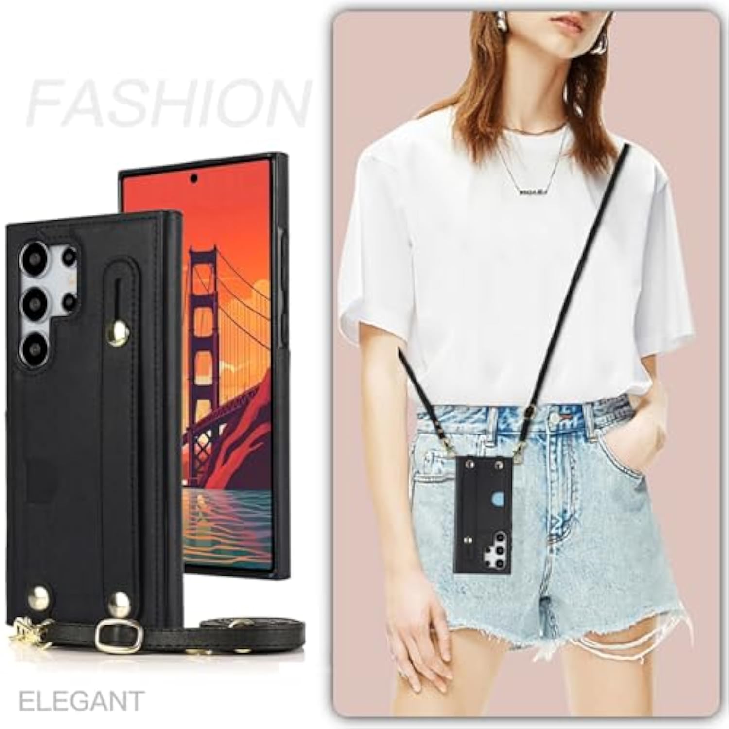 Crossbody Case For Samsung Galaxy S25 Ultra With Card Slot Holder For Women, Adjustable Shoulder Strap Lanyard With Wristband Kickstand Phone Cover Case For Samsung S25 Ultra Kb Black