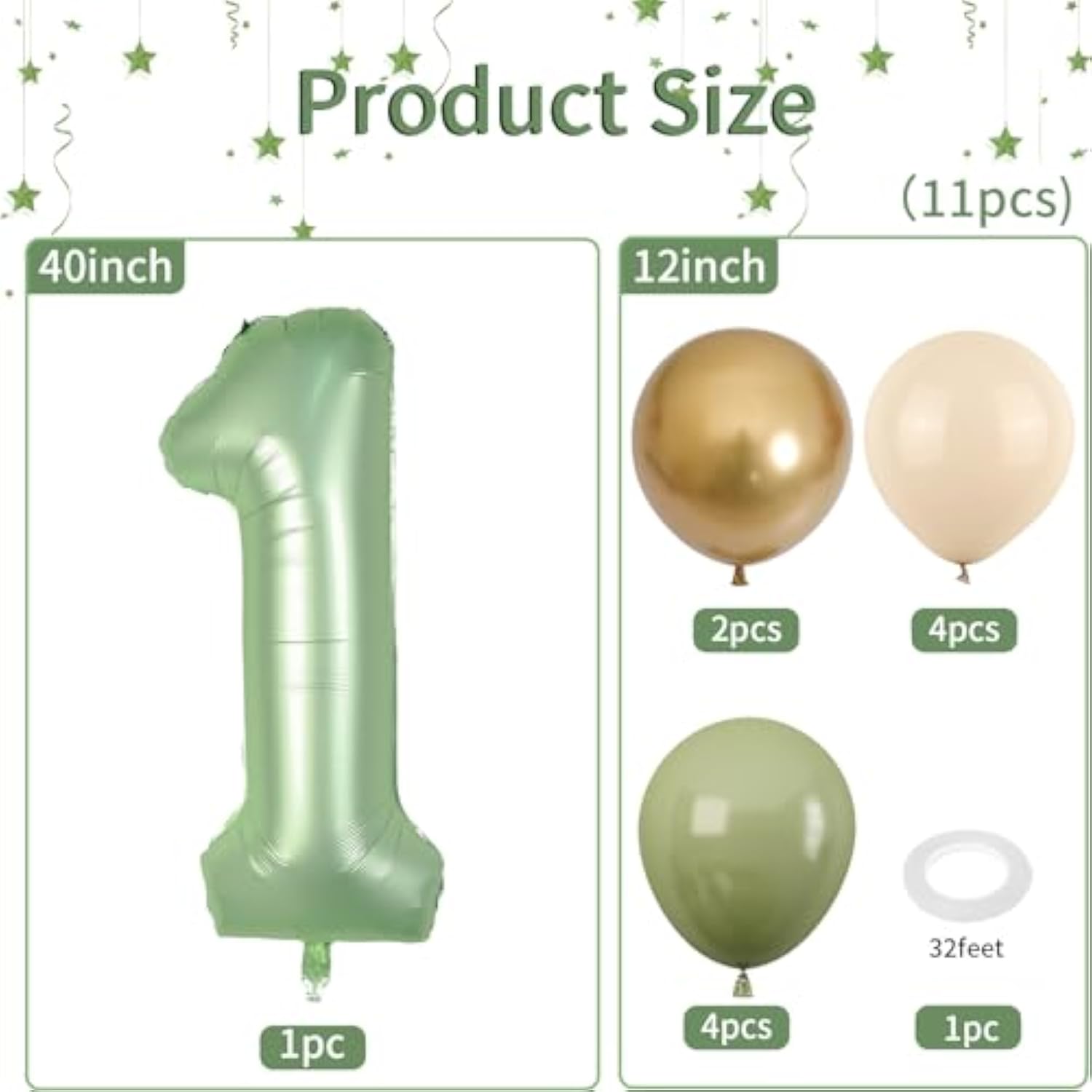 40 Inch Sage Green Number 1 Balloon, Olive Green 1St Birthday Balloons, Retro Sand White Avocado Green Gold Latex Balloons 1 Foil Balloon For Boy Girl Baby Shower 1St Birthday Jungle Party Decorations