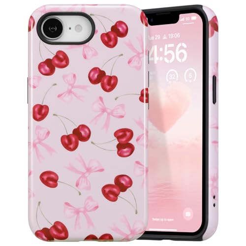Case for iPhone 17e/iPhone 16e, Cute Pink Bow Cherry Print Aesthetic Trendy Pattern for Women Girls Slim Durable Bumper Shockproof for iPhone