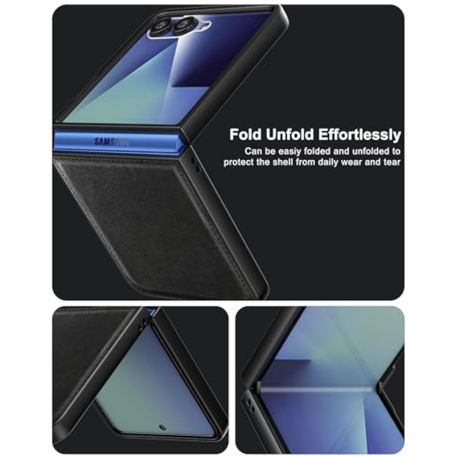 Leather Case For Samsung Galaxy Z Flip 7 With Front Built-In Screen Protector, Pu Leather + Hard Pc Shell Ultra Thin Slim Durable Protective Phone Cover For Galaxy Z Flip7 5G 2025 (Black)