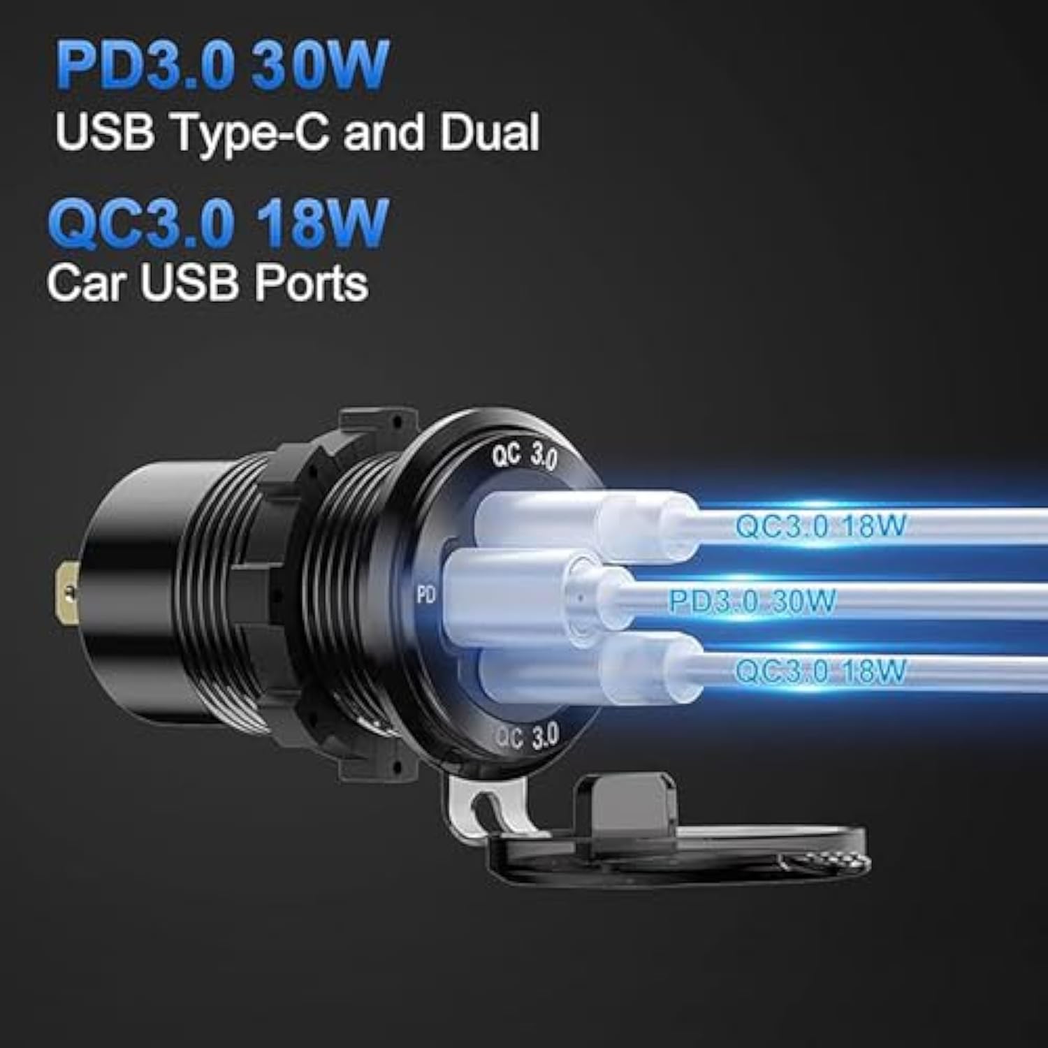 2 Pack 12V Usb Outlet Wire Aluminum Car Charger Multi Port, Dual Usb Quick Charge 3.0 Port And Pd Usb C Socket With Voltmeter Switch For Car Boat Marine Truck Rv, Fast Charge For Phones Ipad, Etc.