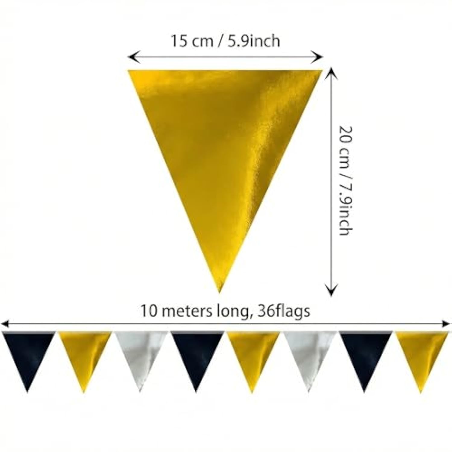 64Ft Black Gold Silver Triangle Pennant Banner Flag Metallic Paper Bunting Garland For Hanging Backdrop Birthday Party Decorations Graduation Bachelorette Bridal Wedding New Year Party Supplies