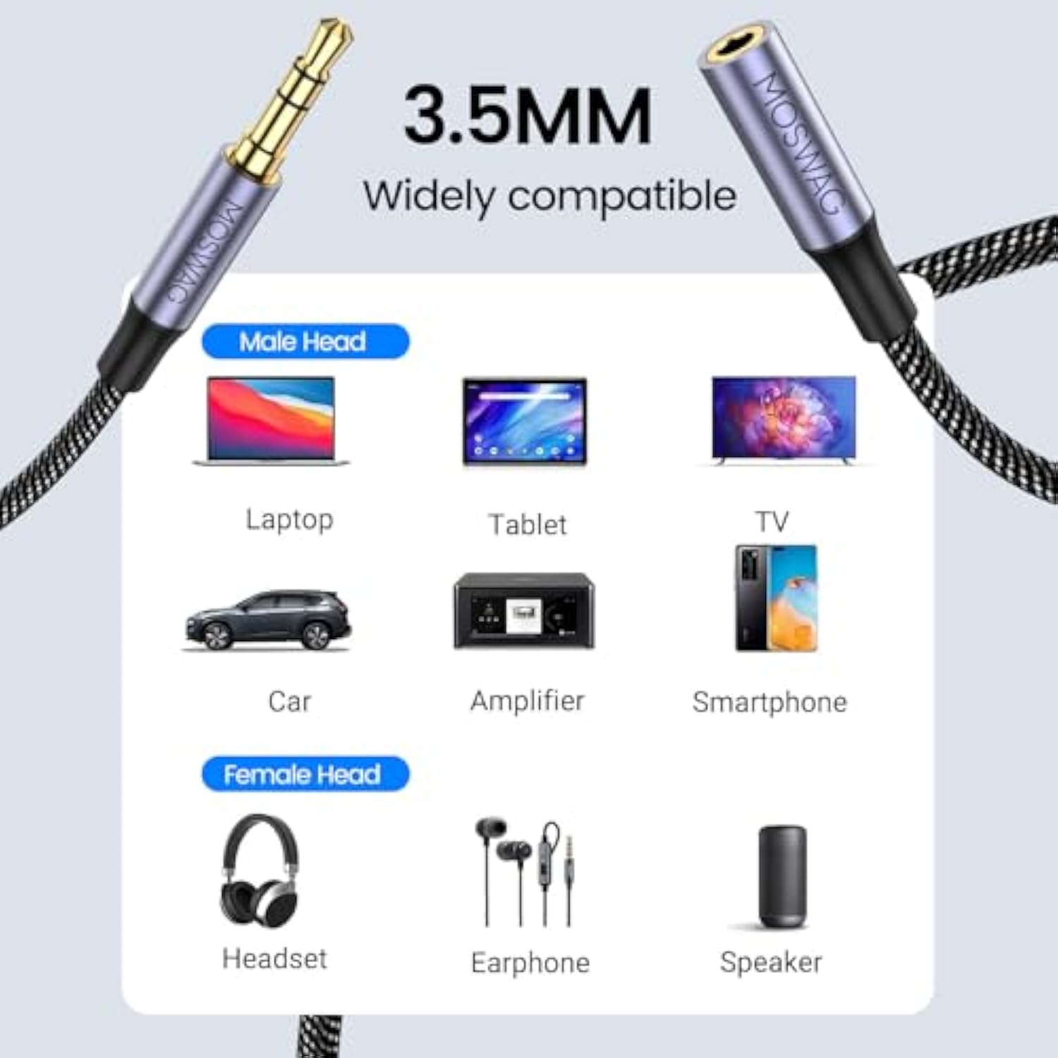 3.5Mm Extension Cable 6.6Ft/2Meter Audio Male To Female Stereo Extension Adapter Nylon Braided Cord Compatible For Home/Car Stereos Smartphones Headphones Tablets Media Players And More