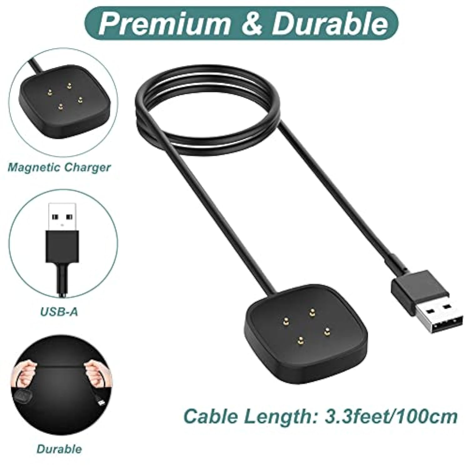 Charger For Fitbit Versa 4/Versa 3/Sense 2/Sense, Replacement Charging Cable Cord Magnetic Dock Stand For Fitbit Sense 1/2, Versa 3/4 Smartwatch [2Pack, 1M/3.3Ft]