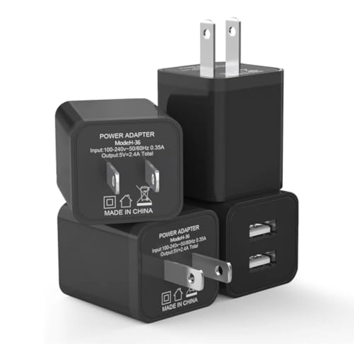 4-Pack Dual Port Usb Wall Charger 12W 2.4A Fast Charger Block For Iphone 17/16/15/14/13/12/11/X/8, Ipad, Airpods, Android, Samsung, Google Pixel, Moto, Lg - Compact Cube Adapter (Black)