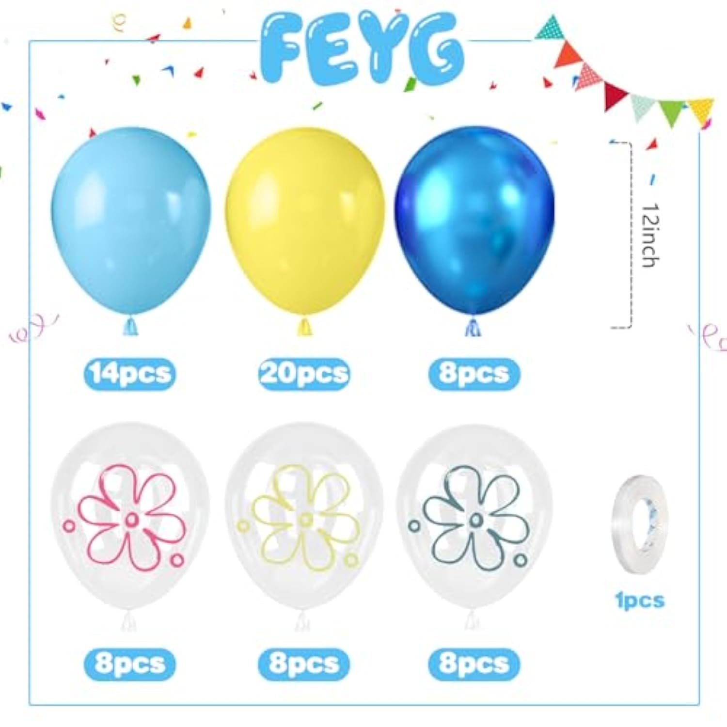 Blue And Yellow Balloons,50Pcs 12 Inch Flower Bubble Printed Metallic Blue Yellow Balloons With Ribbon,For Birthday Theme Party Decorations