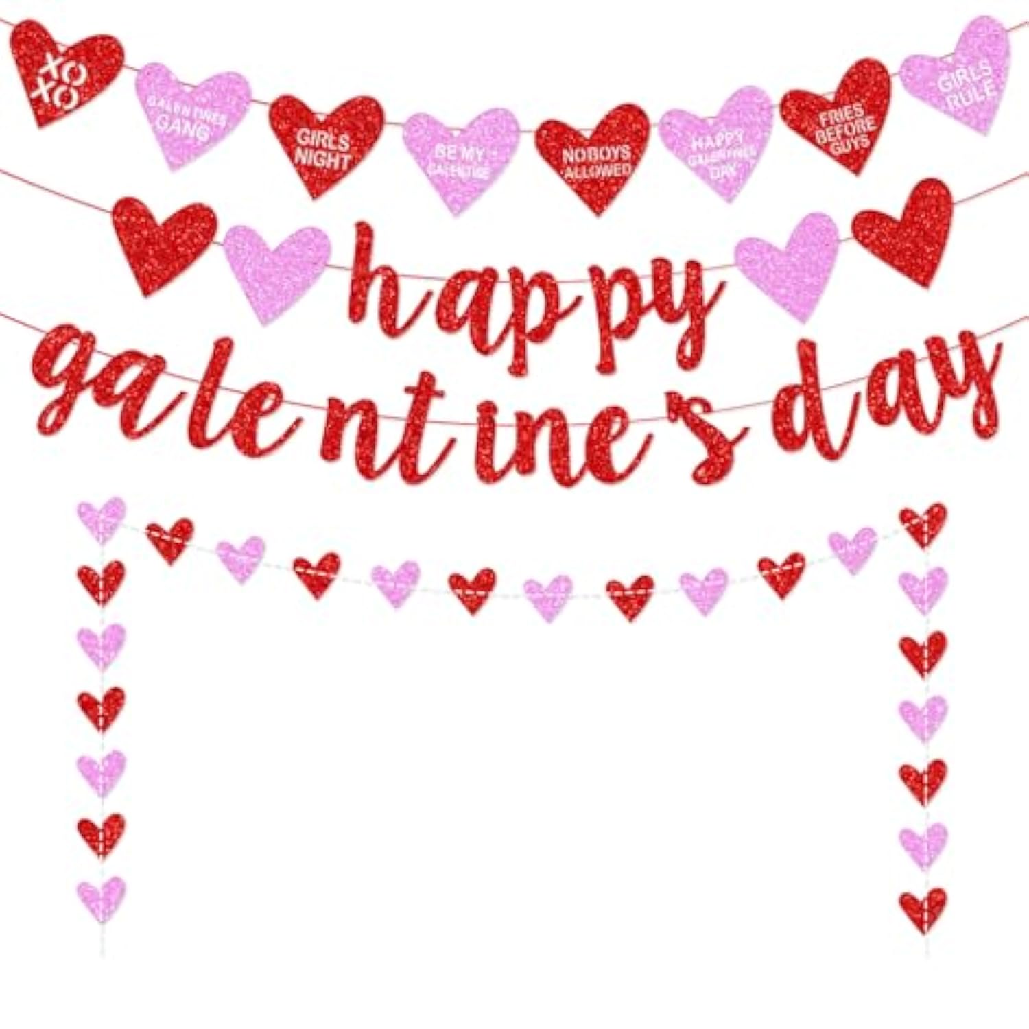 Happy Galentine'S Day Banner, Red Glittery Galentine’S Day Decorations With Heart Garland Banner, Ladies Girls Happy Valentine’S Day Party Decorations Photo Prop