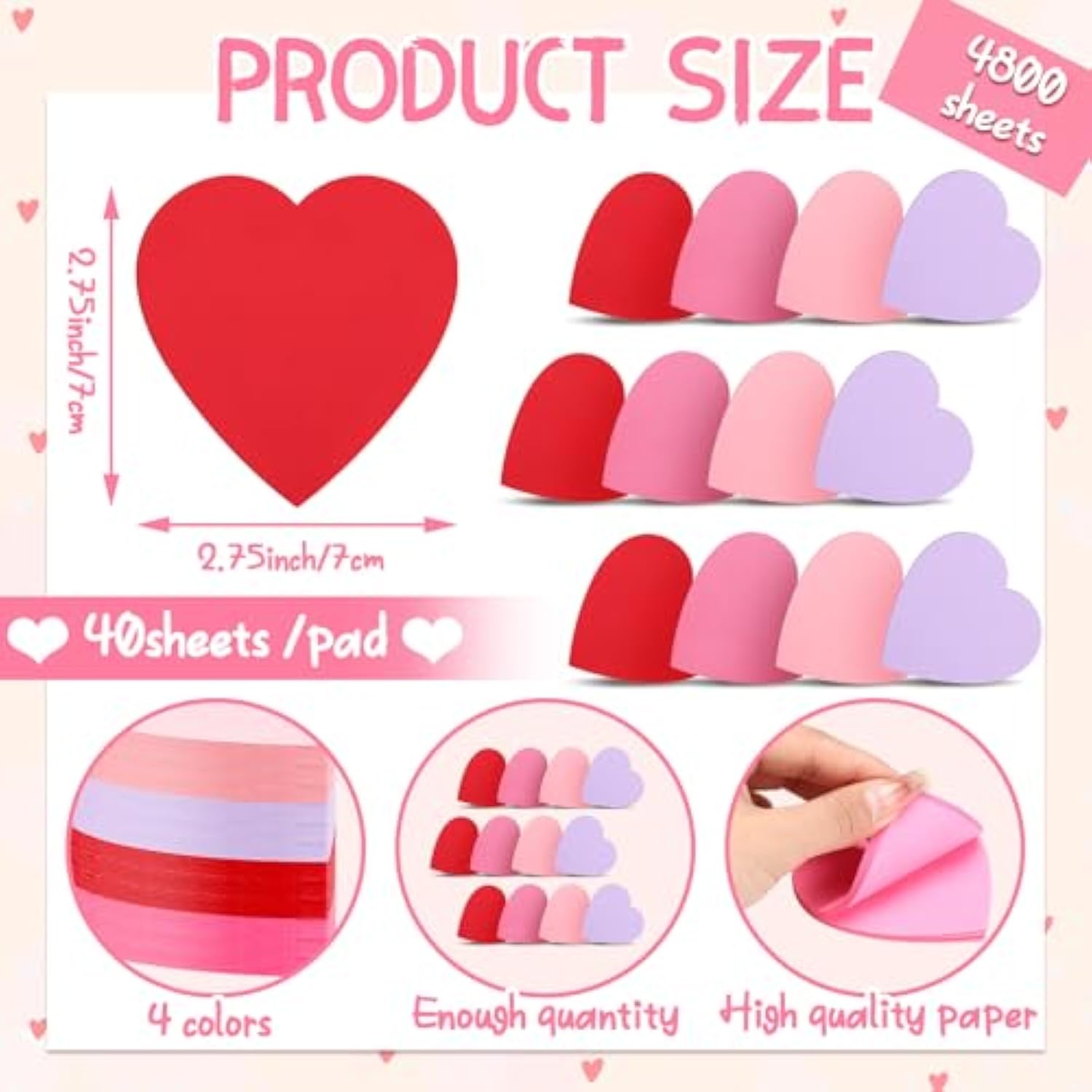 4800 Sheets Heart Shaped Sticky Notes 120 Pads Pink Sticky Notes Bulk 4 Colors Self Adhesive Notepads Memo For Office Back To School Kids Girls Women Gift