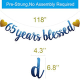 65 Years Blessed Banner, Pre-Strung, Blue Glitter Paper Garlands For 65Th Birthday / Wedding Anniversary Party Decorations Supplies, No Amssembly Required,Blue Sunbetterland
