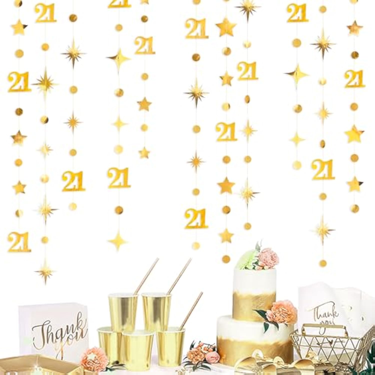 Gold 21St Birthday Decorations Number 21 Circle Dot Twinkle Star Garland Metallic Hanging Streamer Banner Backdrop For Girls Boys Cheers To 21 Years Finally Legal Bday 21St Anniversary Party Supplies