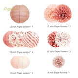 Wedding Party Decorations, 12 PCS Rose Pink Floral Paper Lanterns Tissue Pom Poms Backdrop Decoration for Pink Boho Wedding Bridal Shower Birthday Tea Party Decor