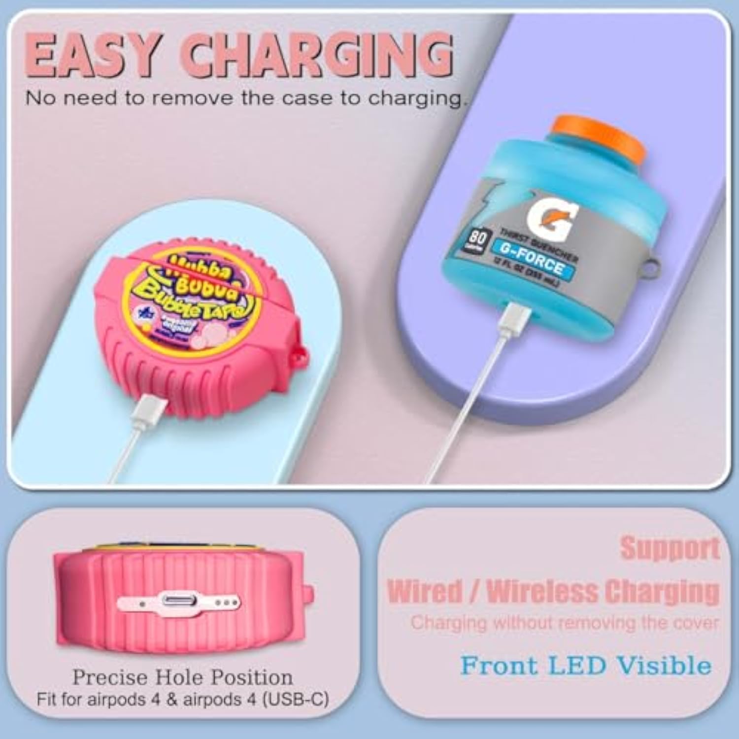 3Pack Cute Airpods 4 Case - 3D Cartoon Funny Food Design Silicone Cover Compatible For Airpods 4Th Generation - Cute Case Accessories With Keychain/Cleaner Pen (Blue+Purple+Pink)