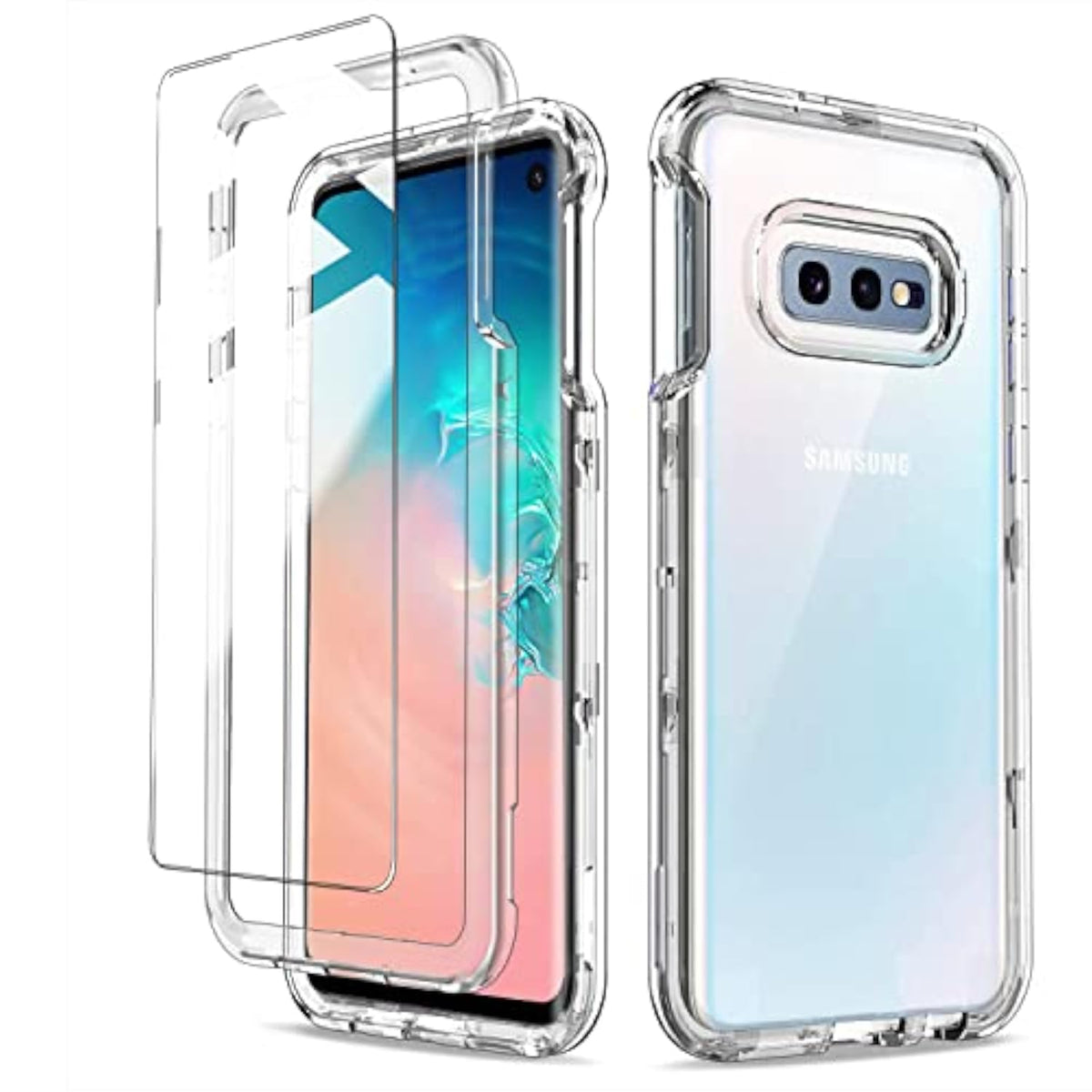 Clear Case for Samsung Galaxy S10E Shockproof Protective Cover with Hybrid Design, Hard PC Back and Front Cover, Flexible TPU Bumper, and 2 Pack Tempered Glass Screen Protector for 3 in 1 Full Body Protection