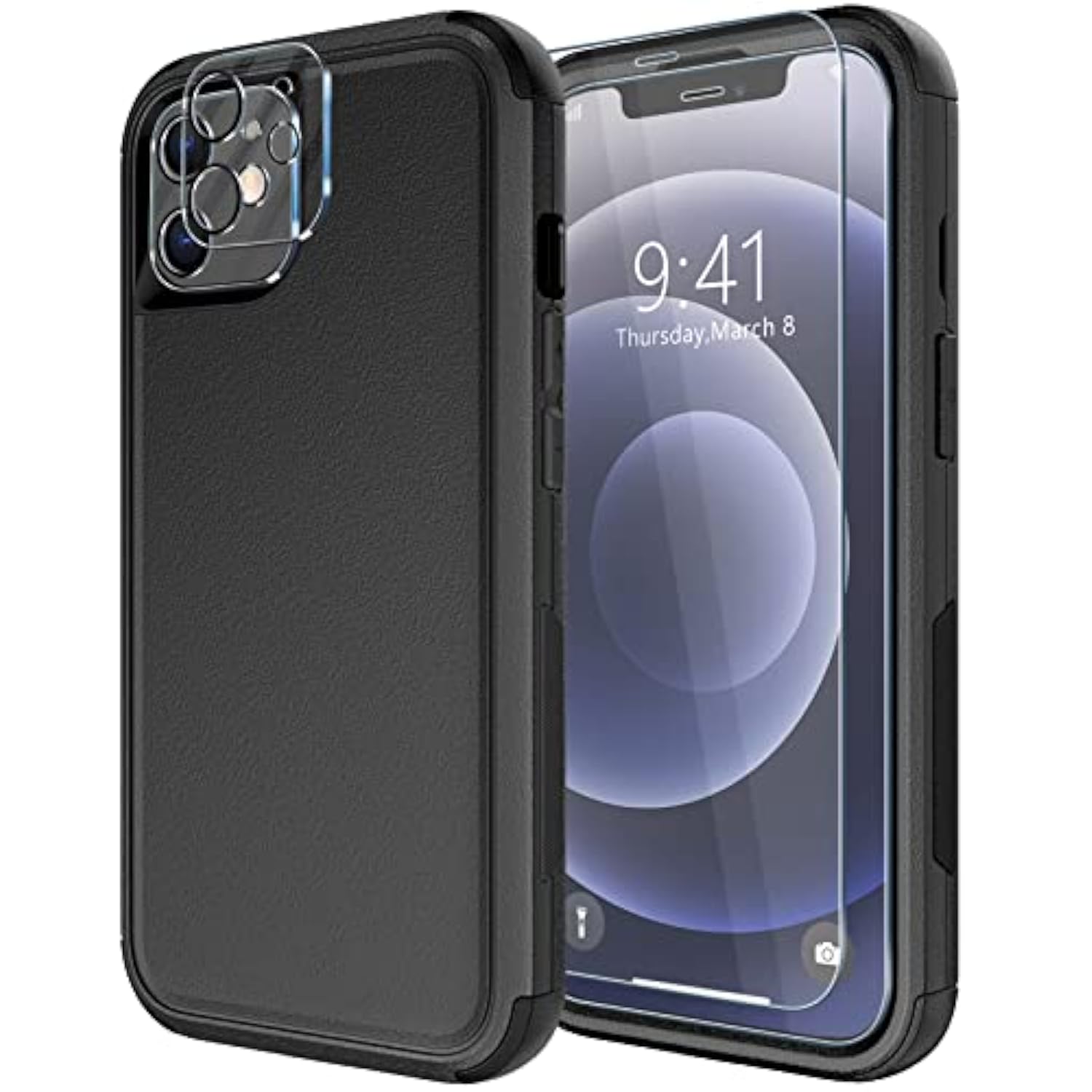 For Iphone 12 Case [Shockproof] [Dropproof] [Tempered Glass Screen Protector],Heavy Duty Protection Phone Case Cover For Iphone 12 (12-Black-3In1)