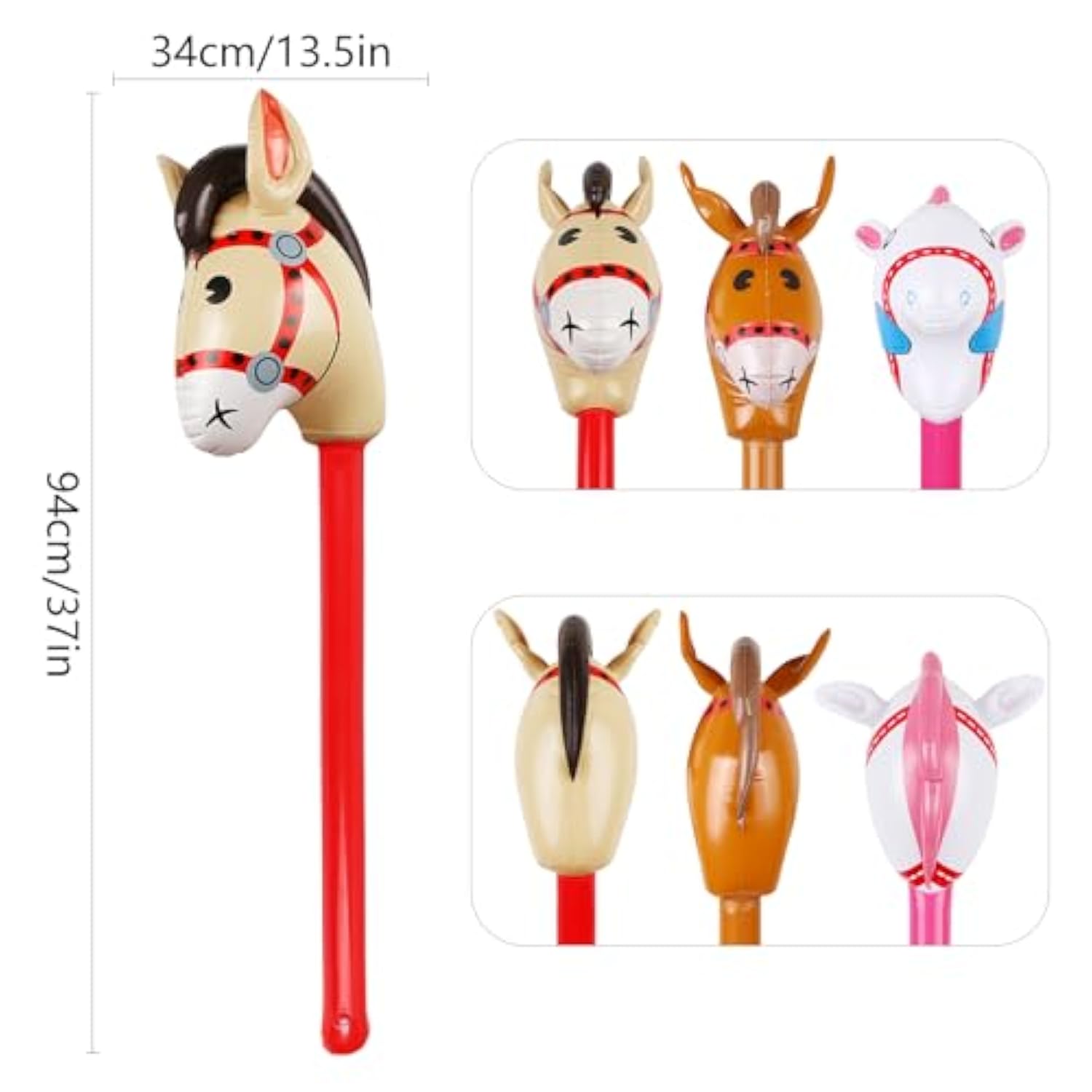 3Pcs Inflatable Stick Horse,Inflatable Horse Head On Stick Horse Costume Pony/Halloween/Western Cowboy/Horse Baby Shower Birthday Party Decorations Supplies Favors Props,37 Inches Red Pink Brown