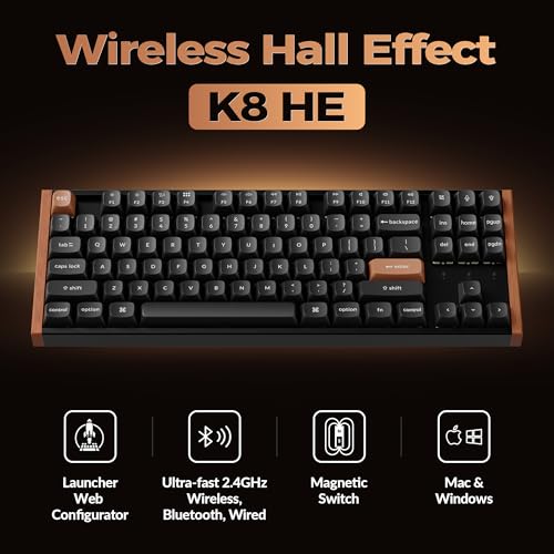 K8 He Tkl Hall Effect Wireless Mechanical Keyboard, Magnetic Hot-Swappable Switches, Rapid Trigger, Qmk/Via, Rgb, 2.4Ghz/Bluetooth 5.2/Wired, Aluminum & Wood Frame, Mac Windows Linux Black