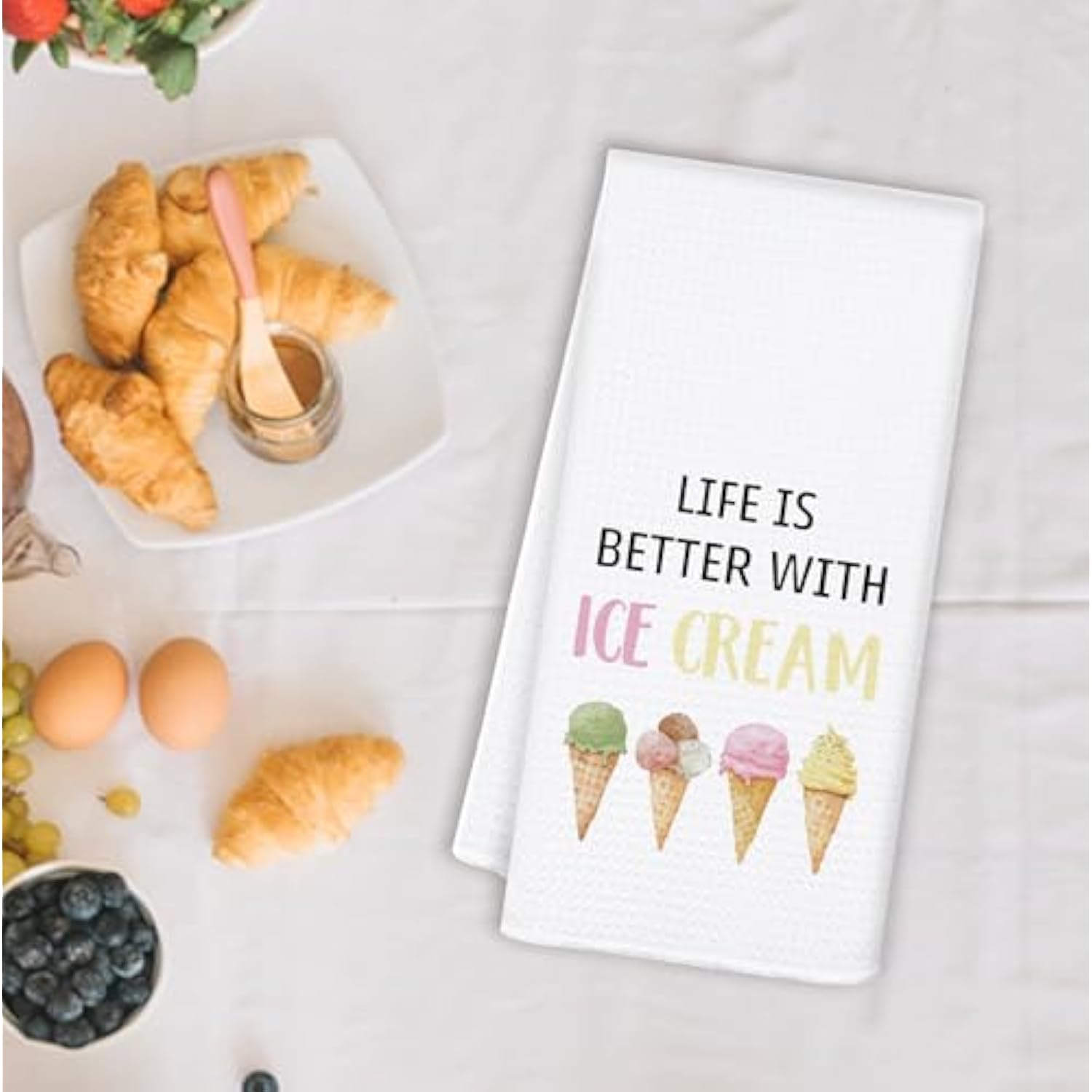 Summer Ice-Cream Kitchen Towels, Ice Creams Lovers Gifts Dish Tea Towels For Kitchen Decor, Life Is Better With Ice Cream Decorative Hand Towels For Bathroom, 16X24 Inch