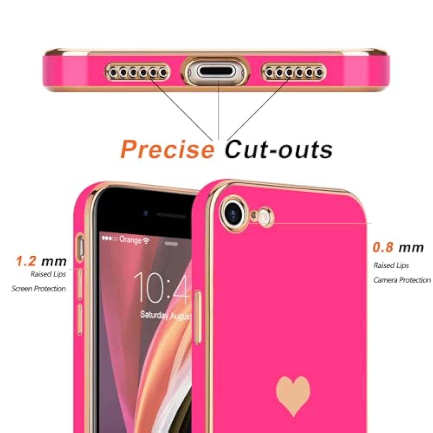 For Iphone Se 2020/2022 Case, For Iphone 7 Case, For Iphone 8 Phone Case For Women Girl Cute Love-Heart Luxury Bling Soft Cover Camera Protection Bumper Silicone Shockproof Case, Hot Pink