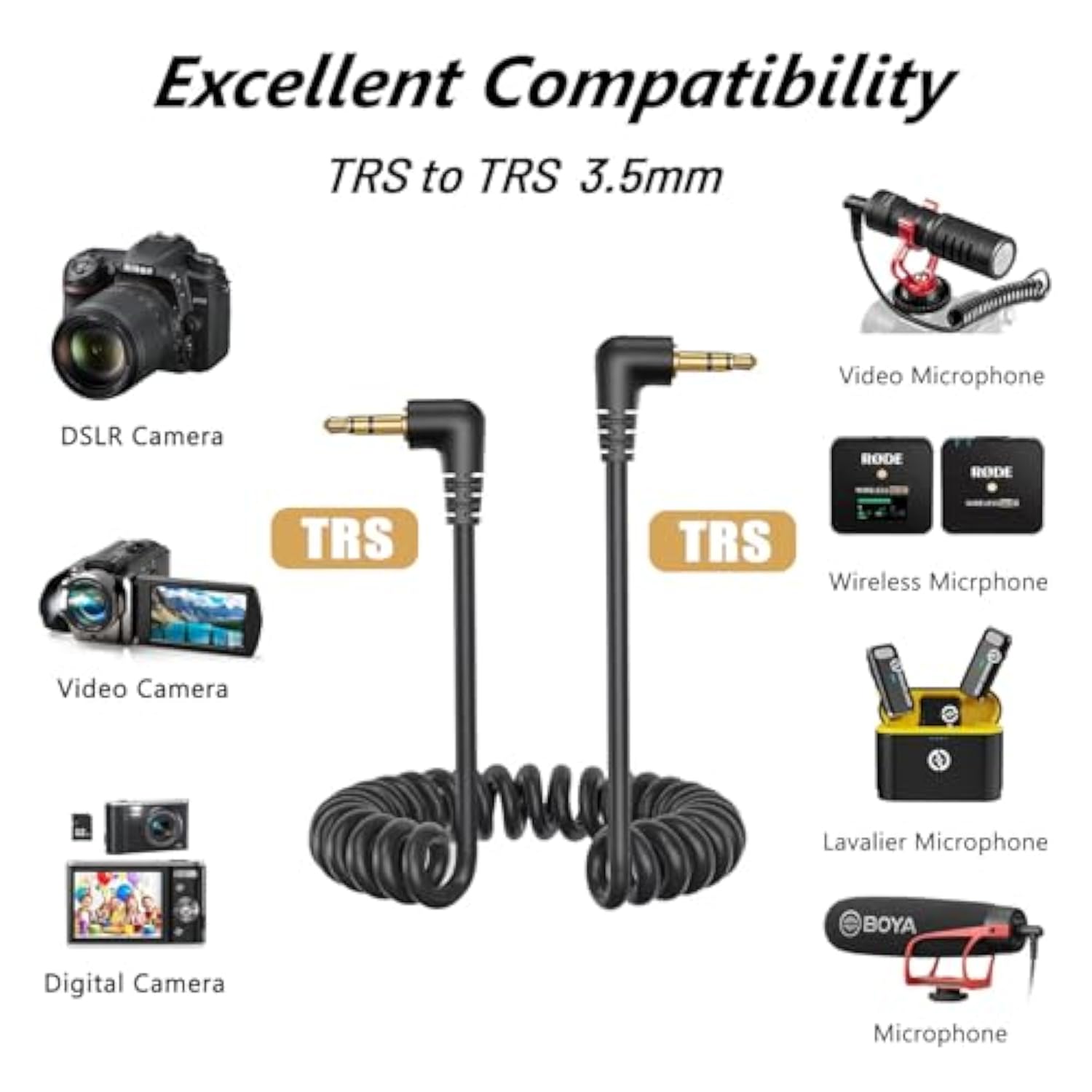 2 Pack 3.5Mm To 3.5Mm Audio Coiled Cable, Replacement For Sc2 3.5Mm Trs Mic Patch Cord For Audio Mixers, Microphones, Cameras, Recorders, Car Speakers, And More-1.7Ft