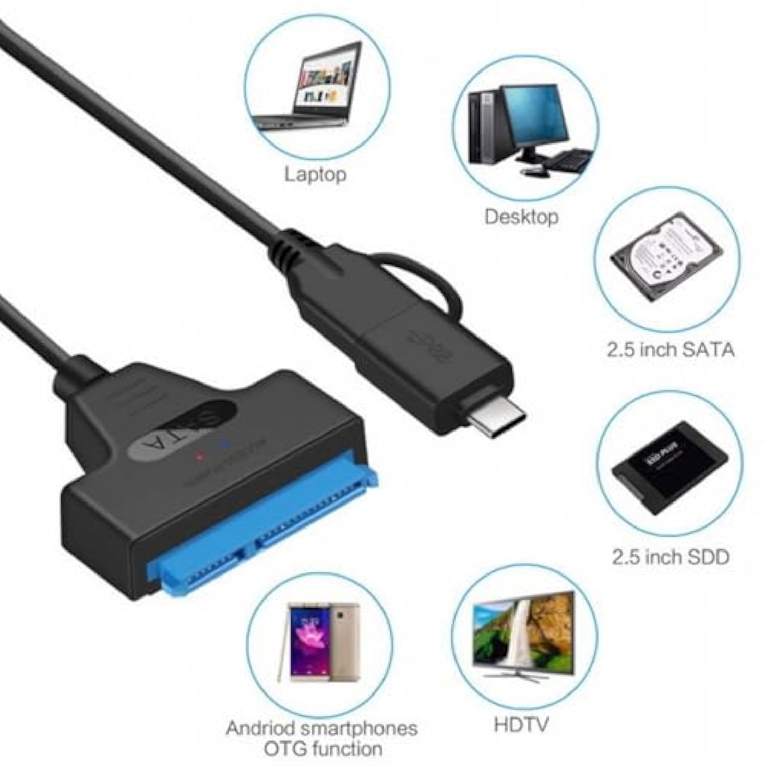Cablecc Type C USB 3.0 Male to SATA 22 Pin 2.5" Hard Disk Driver SSD Adapter C