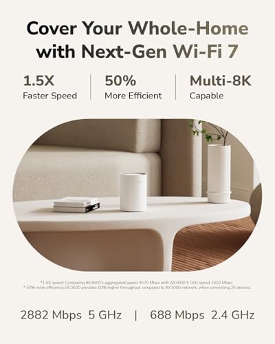 Dual Band Be3600 Wifi 7 Wi-Fi Mesh System, 3.6 Gbps 160 Mhz, Coverage Up To 1000 Sq.Ft, 3 Gigabit Ports, Multi-Vpn Compatible, App Control(M3600 1-Pack)