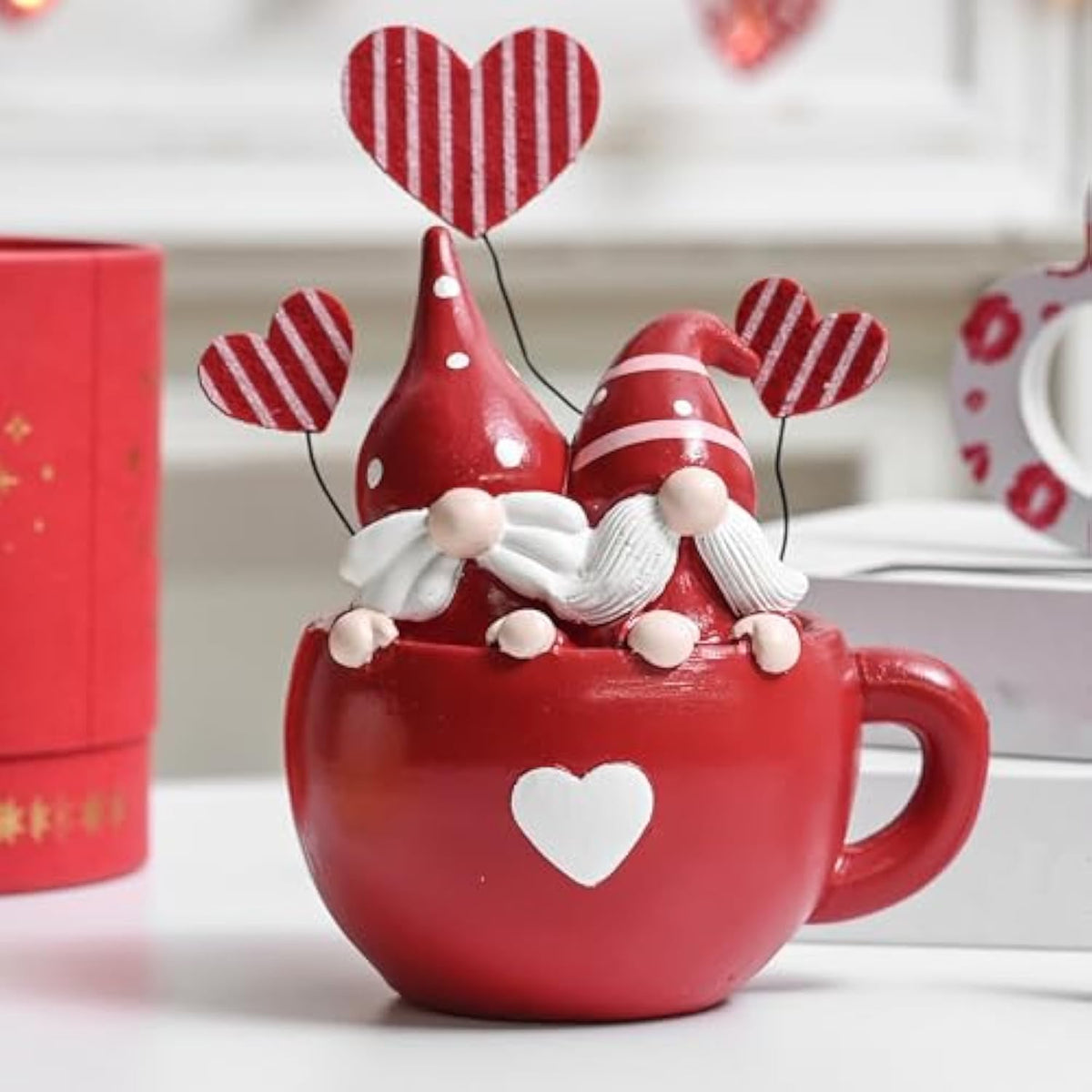 Red Valentine Gnome Couple In Coffee Cup, Valentine Gnomes For Table Decor, Red Small Gnome Figurine Set