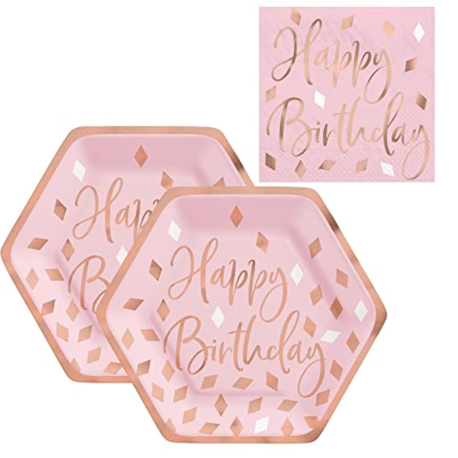 Happy Birthday Dessert Party Supply Pack | Bundle Includes Paper Appetizer/Dessert Plates And Napkins For 16 People | Rose Gold And Blush Design | Sparkly Birthday Supplies For Her