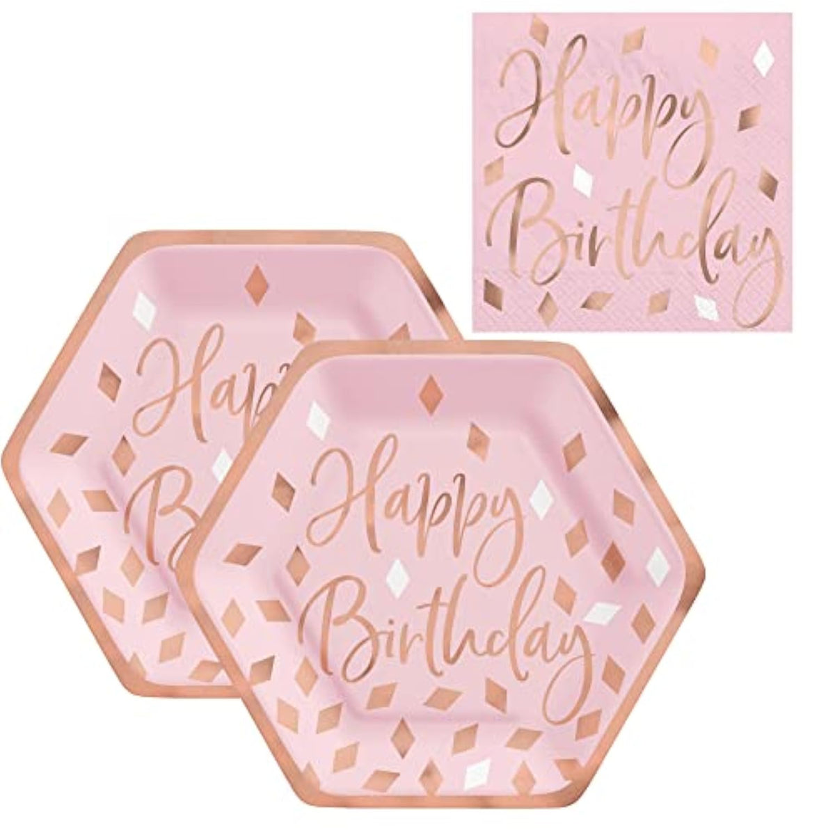 Happy Birthday Dessert Party Supply Pack | Bundle Includes Paper Appetizer/Dessert Plates And Napkins For 16 People | Rose Gold And Blush Design | Sparkly Birthday Supplies For Her
