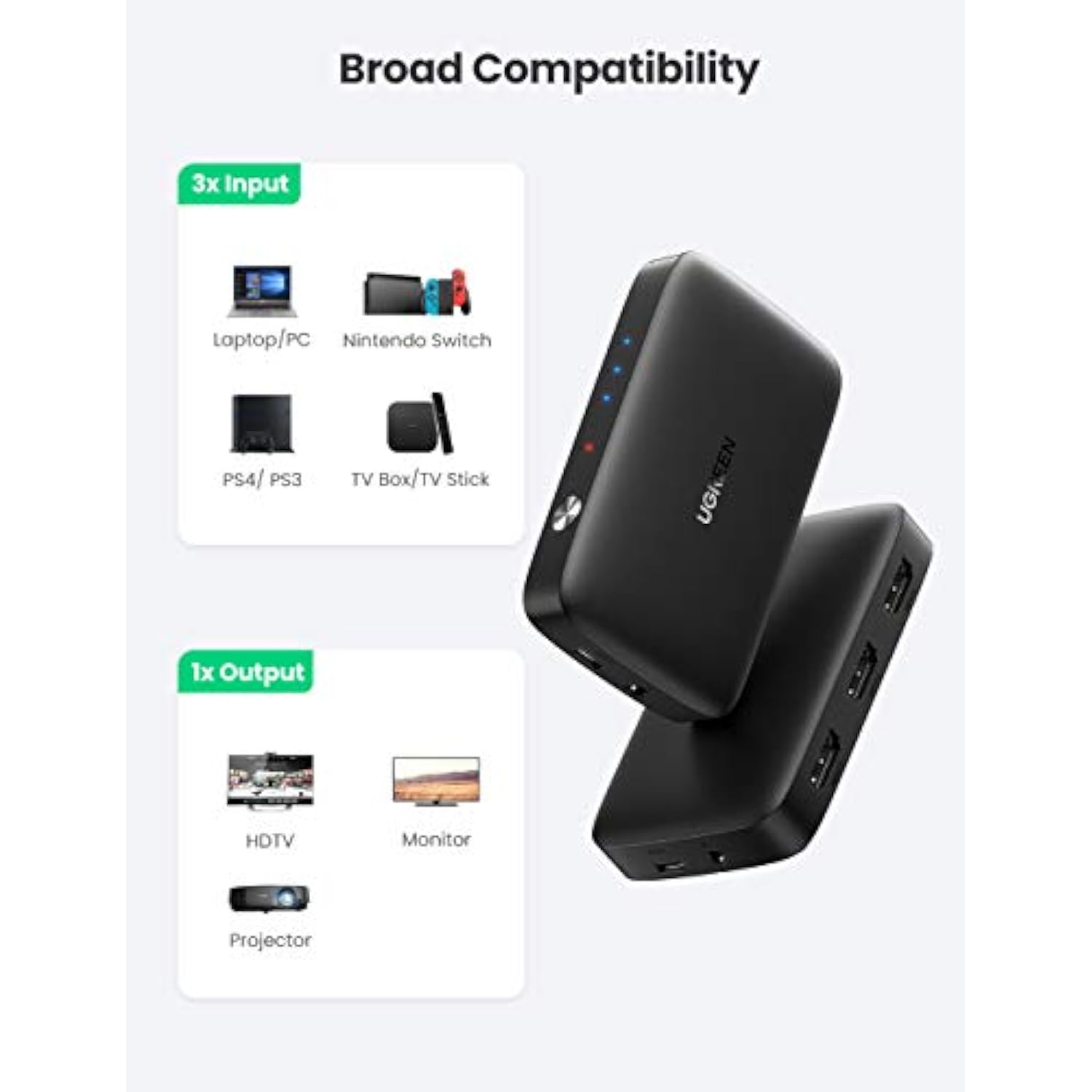 UGREEN HDMI Switch 3 in 1 Out 4K 30Hz Bundle with 4K HDMI Cable 6FT Braided 18