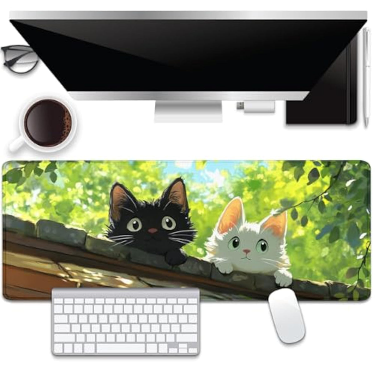 Black And White Cat Desk Pad Mouse Pad,Extend Xl Mouse Mat With Stitched Edges,Non-Slip Rubber Base Large Mousepad For Office Pc Keyboard Laptop And Home Work Desk Mat(31.5X11.8 In)