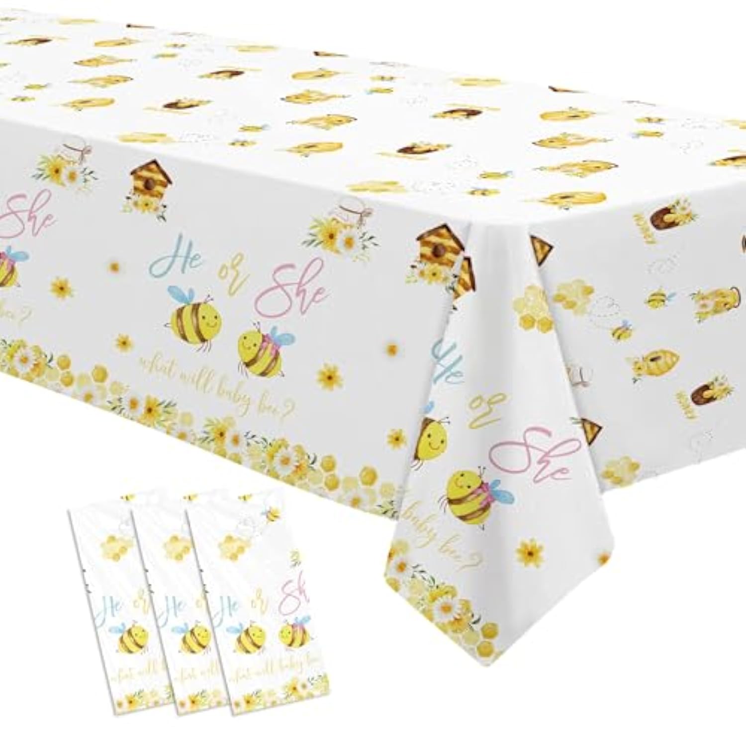 What Will It Bee Gender Reveal Party Supplies Tablecloth, 3Pcs Disposable He Or She Bumble Bee Gender Reveal Decorations Tablecover For Baby Shower, 86In X 55In