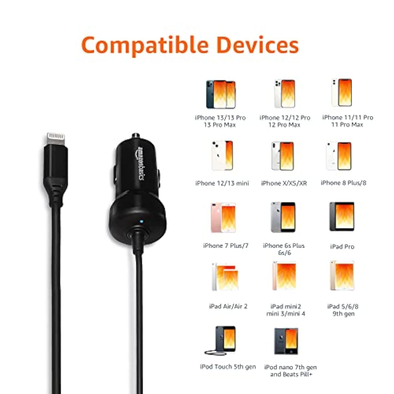 12W (5V, 2.4A) Fast Charging Car Charger With Coiled Lightning Cable For Iphone, Ipad And Apple Devices, 1.5 Ft - Black