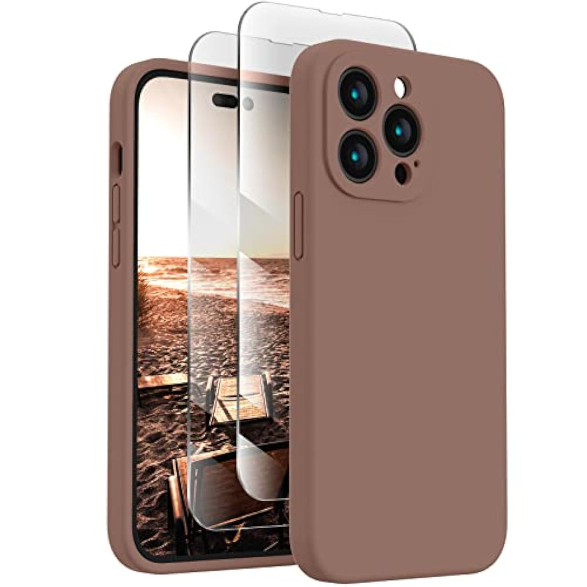 For 14 Pro Case, Silicone Upgraded [Camera Protection] Phone Case With [2 Screen Protectors], Soft Anti-Scratch Microfiber Lining Inside, 6.1 Inch, Light Brown
