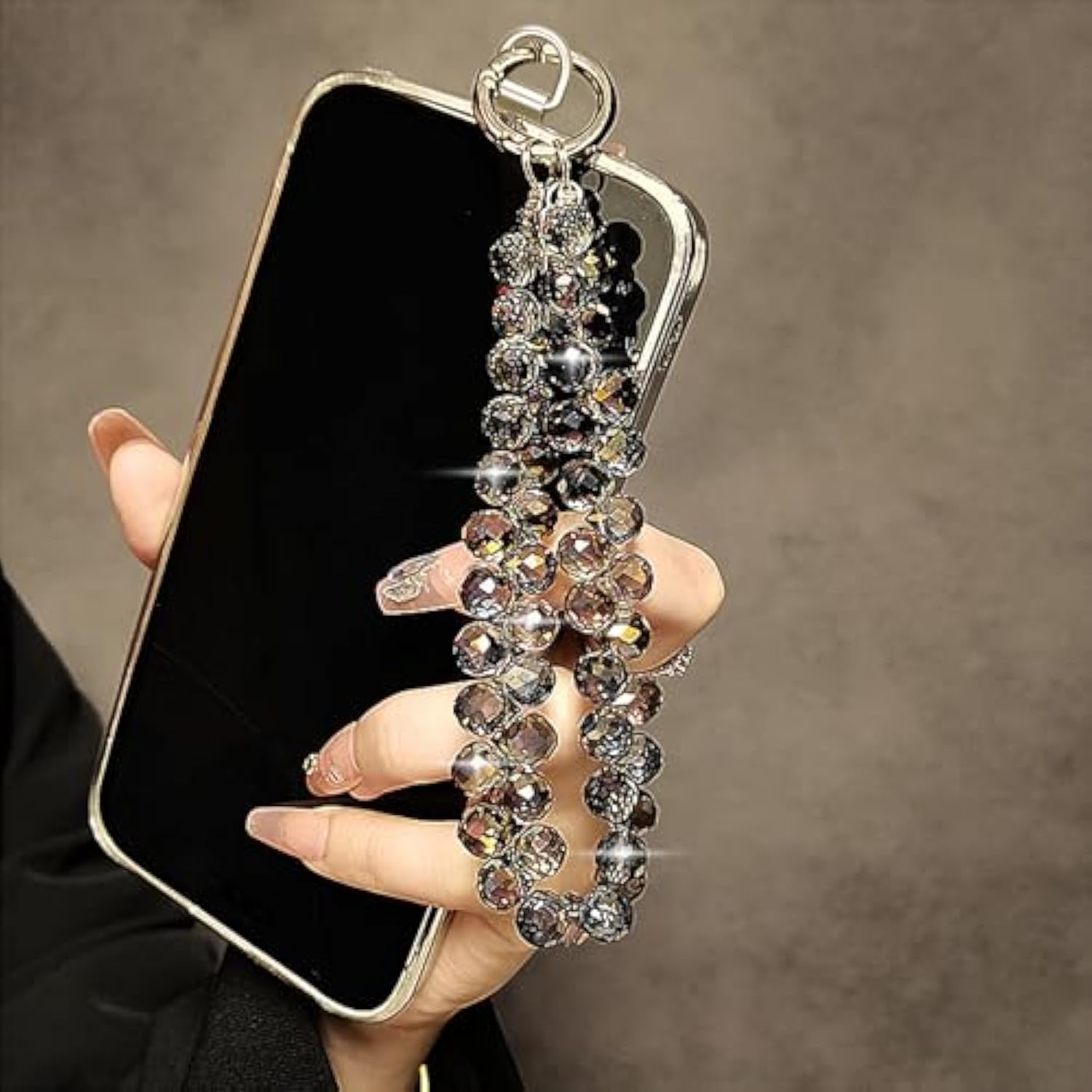 Beaded Black Phone Wrist Strap Sparkling Lanyard Bracelet for Women
